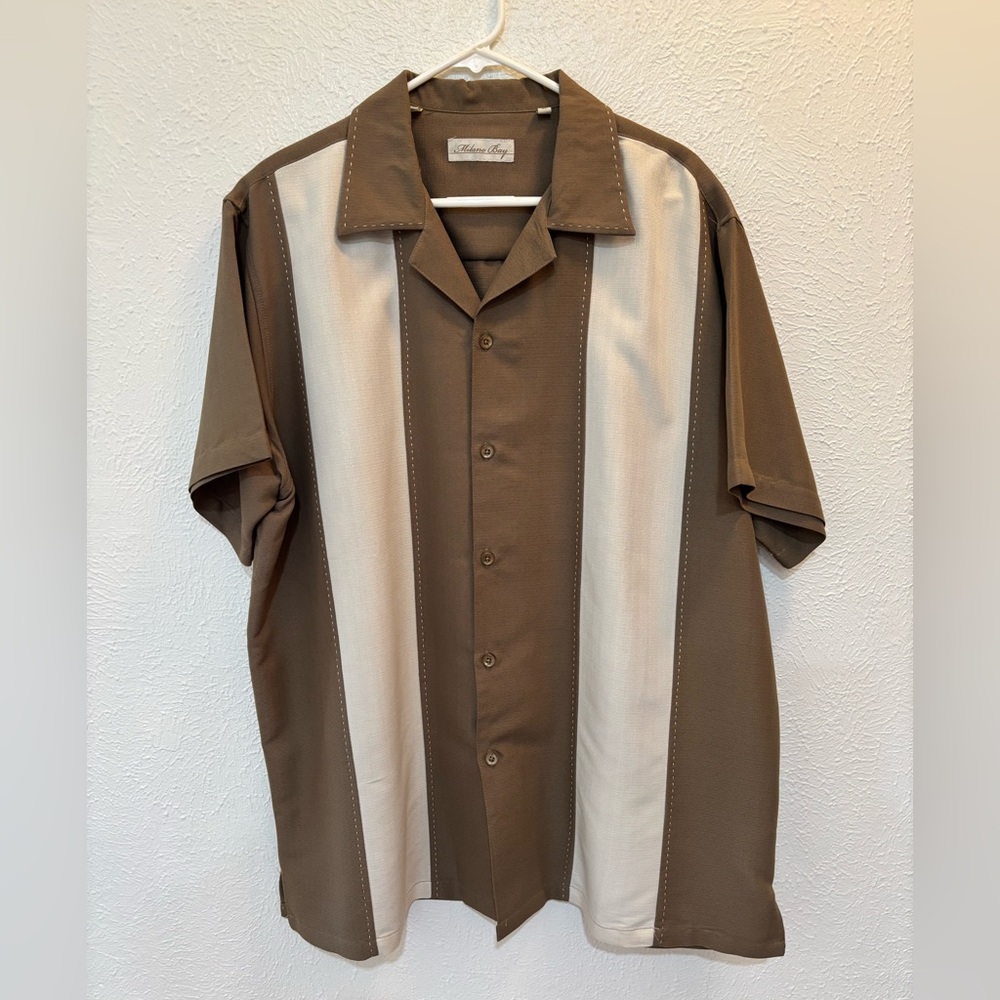 Milano Bay Men's Brown and Cream Striped Button Down Shirt